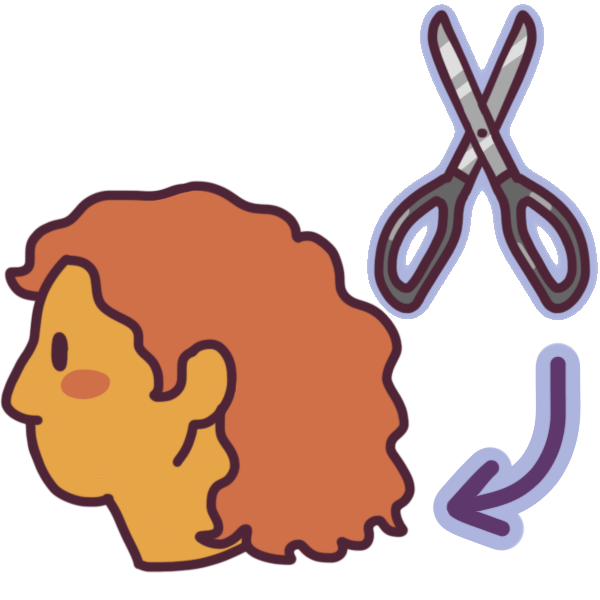 a person’s head in profile, and a pair of scissors pointing to the hair. the hair is loosely curled and long.